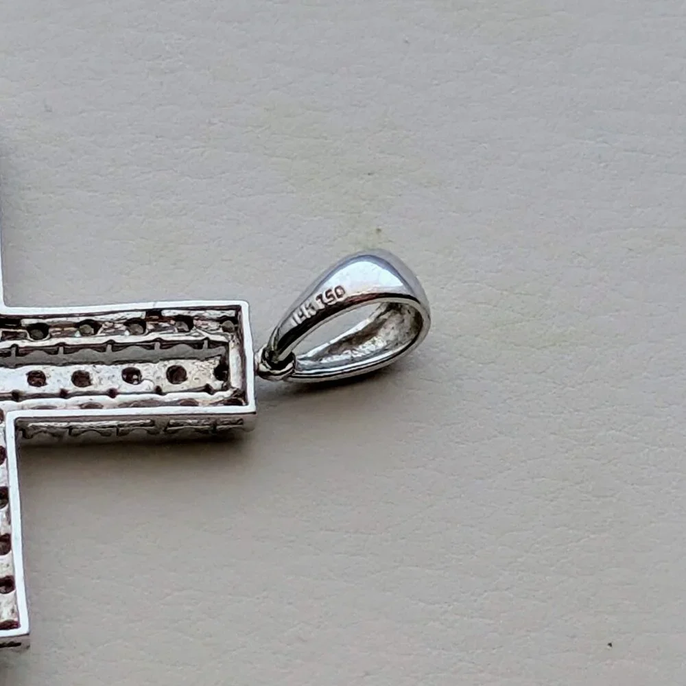 Vintage Large Solid 18K 750 White Gold Diamond Cluster Cross Pendant